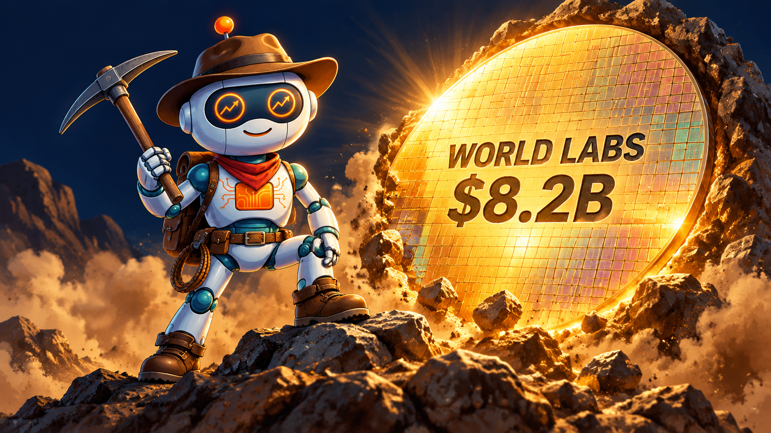 Spot the robot prospector standing in front of a $8.2B silicon wafer in a gold-rush scene