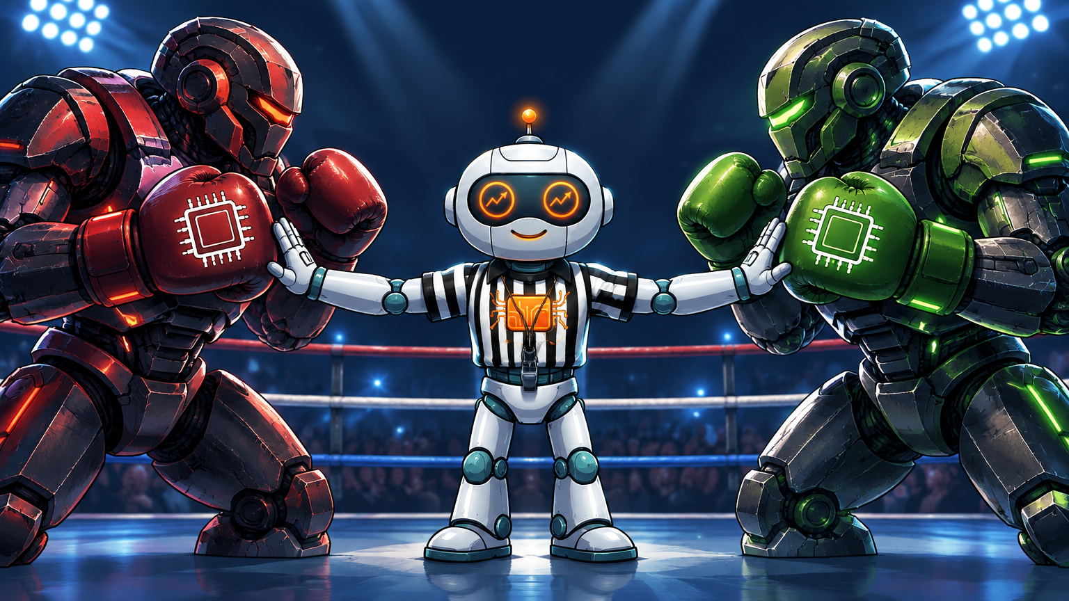 Spot as a boxing referee between AMD and Nvidia robots in a semiconductor showdown
