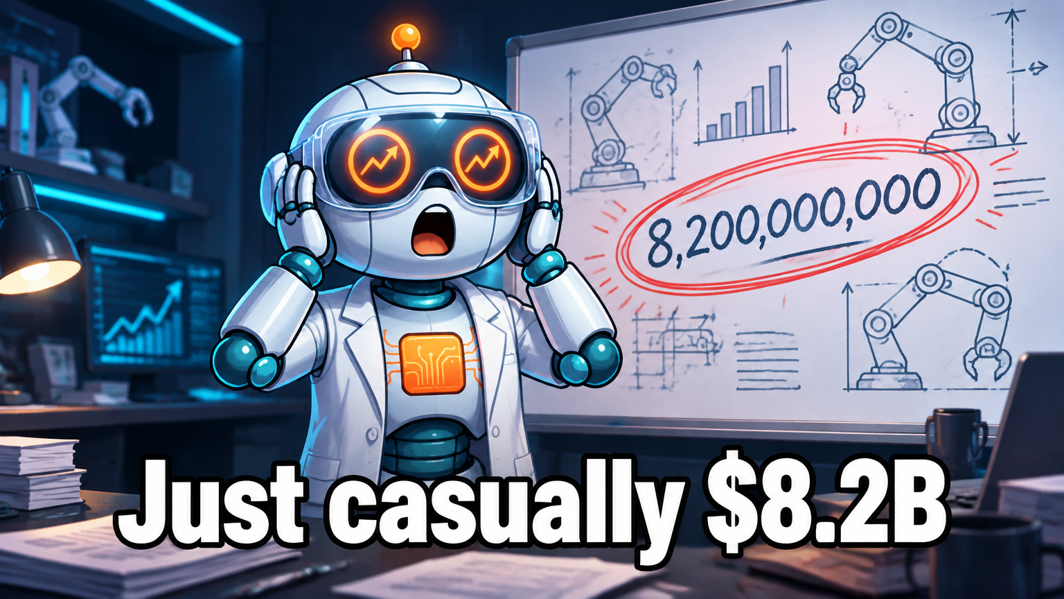 Spot in a lab coat looking shocked at an $8.2B number on a whiteboard