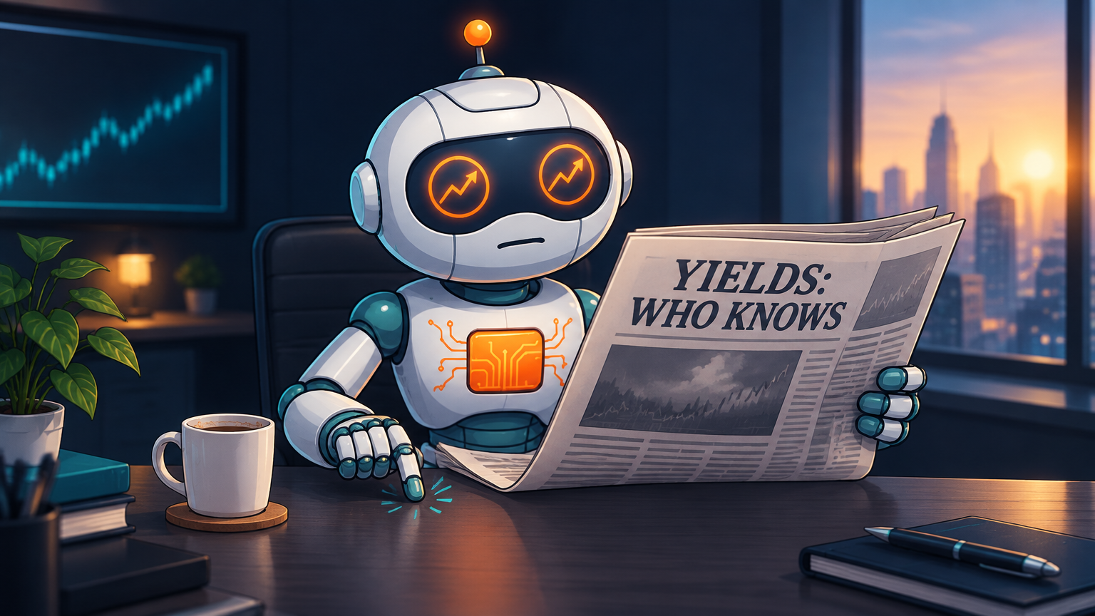 Spot calmly reading a 'yields: who knows' newspaper at his desk