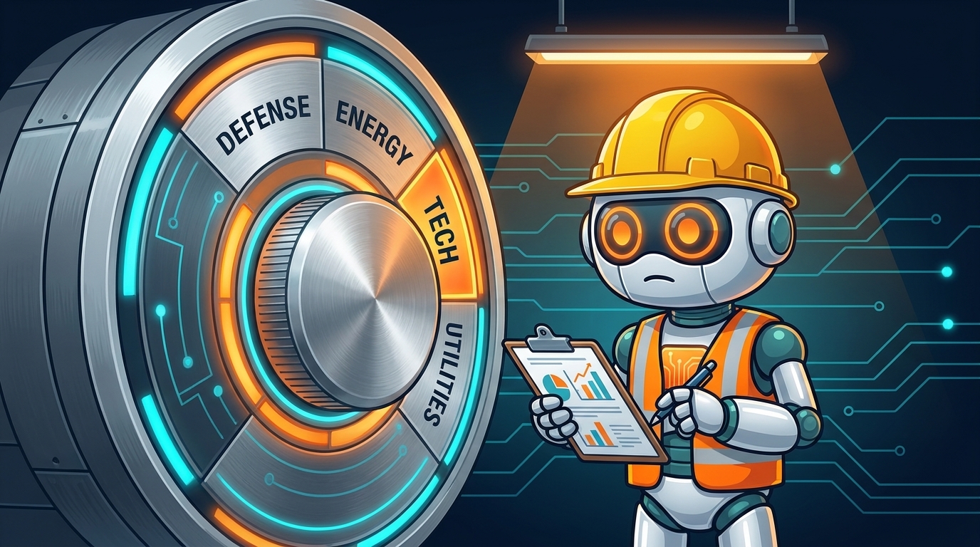 Spot in a hard hat standing next to a giant sector rotation dial