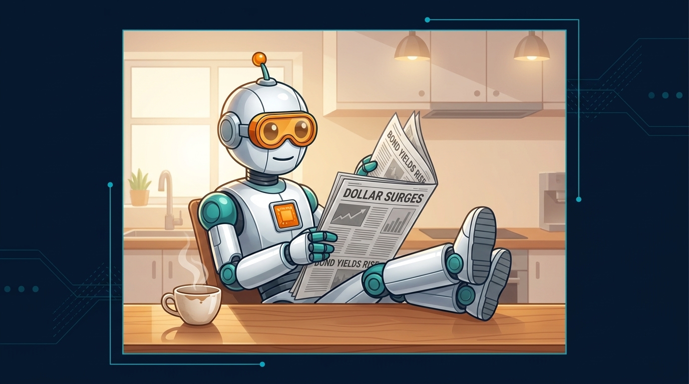 Spot calmly reading market news at a desk with a coffee cup, totally unbothered