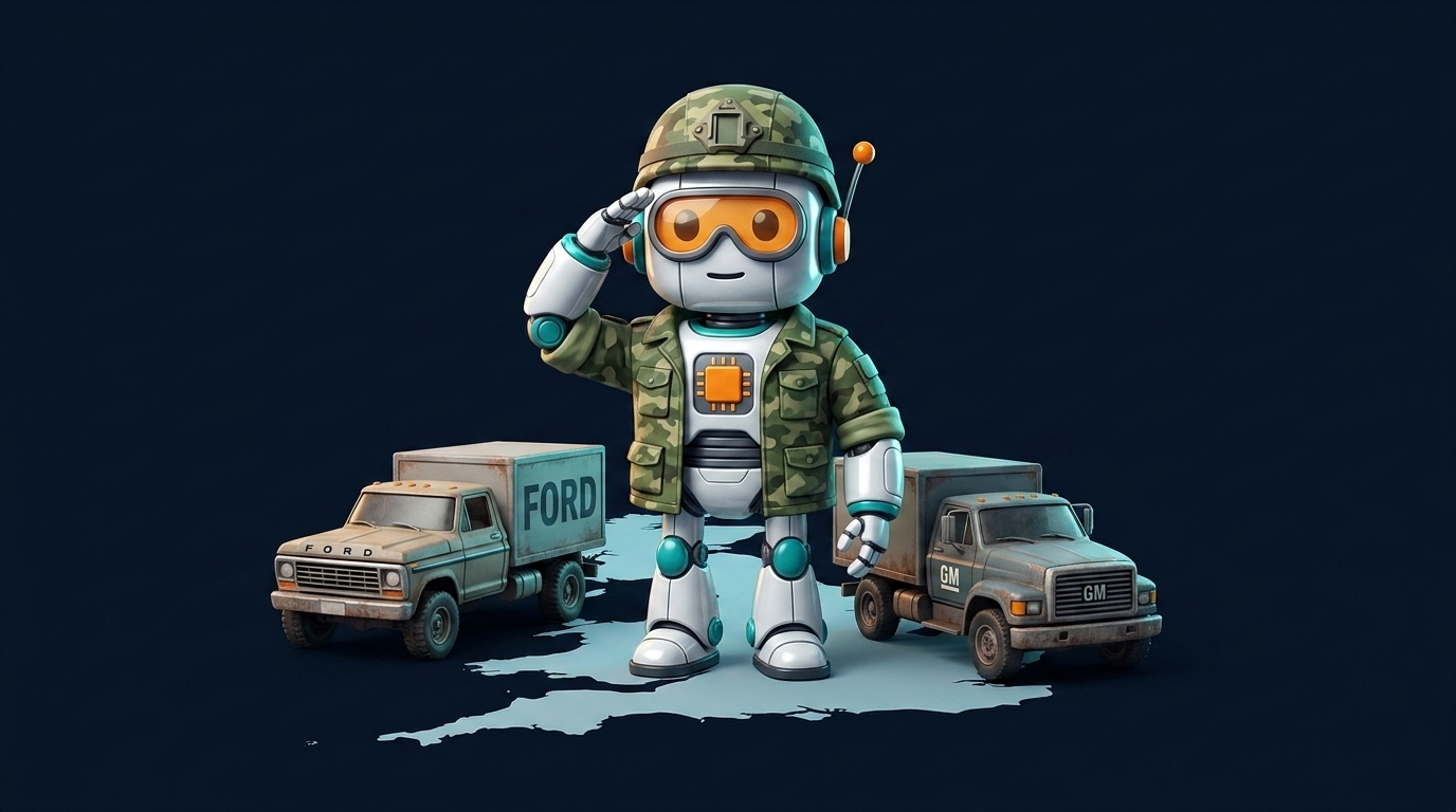 Spot in a military helmet refereeing the Ford vs. GM British Army truck contract battle