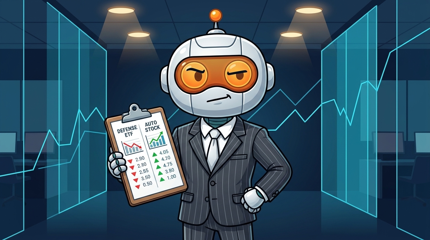Spot in a pinstriped suit comparing a defense ETF to an auto stock on a clipboard