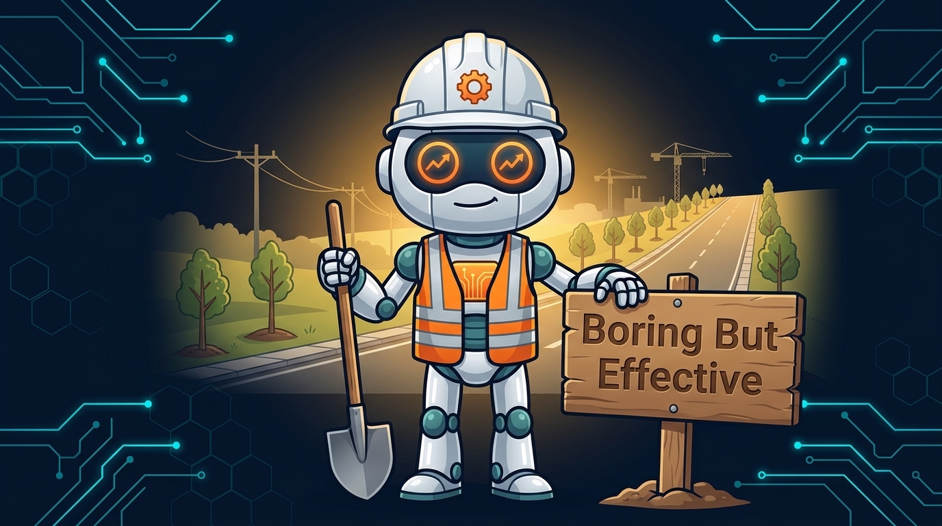 Spot in a hard hat next to a sign reading Boring But Effective