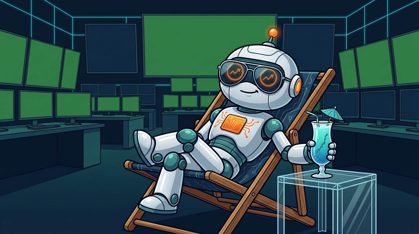 Spot lounging in a beach chair on a trading floor looking relaxed with a tropical drink