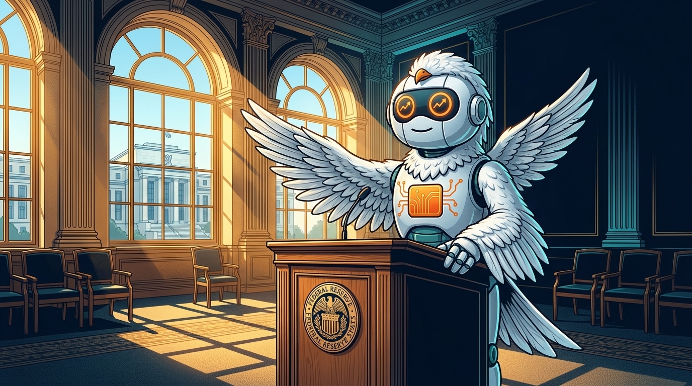 Spot dressed as a dove giving a calming speech at the Fed podium