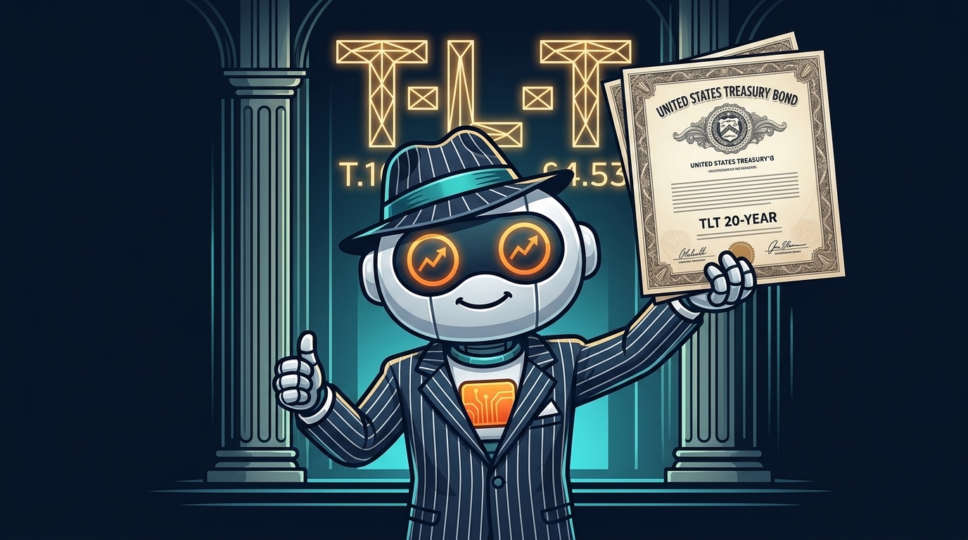 Spot in a pinstripe suit holding a Treasury bond certificate with TLT glowing behind him
