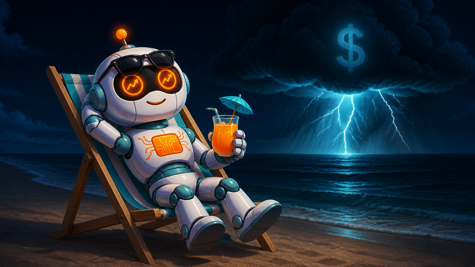 Spot relaxing on a beach chair with sunglasses while a dollar-sign storm cloud approaches