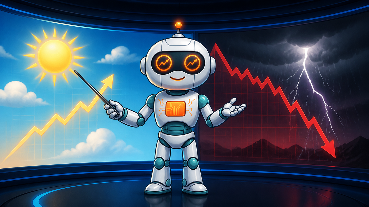 Spot as a weather forecaster with a sunny jobs forecast and a stormy stock market behind him