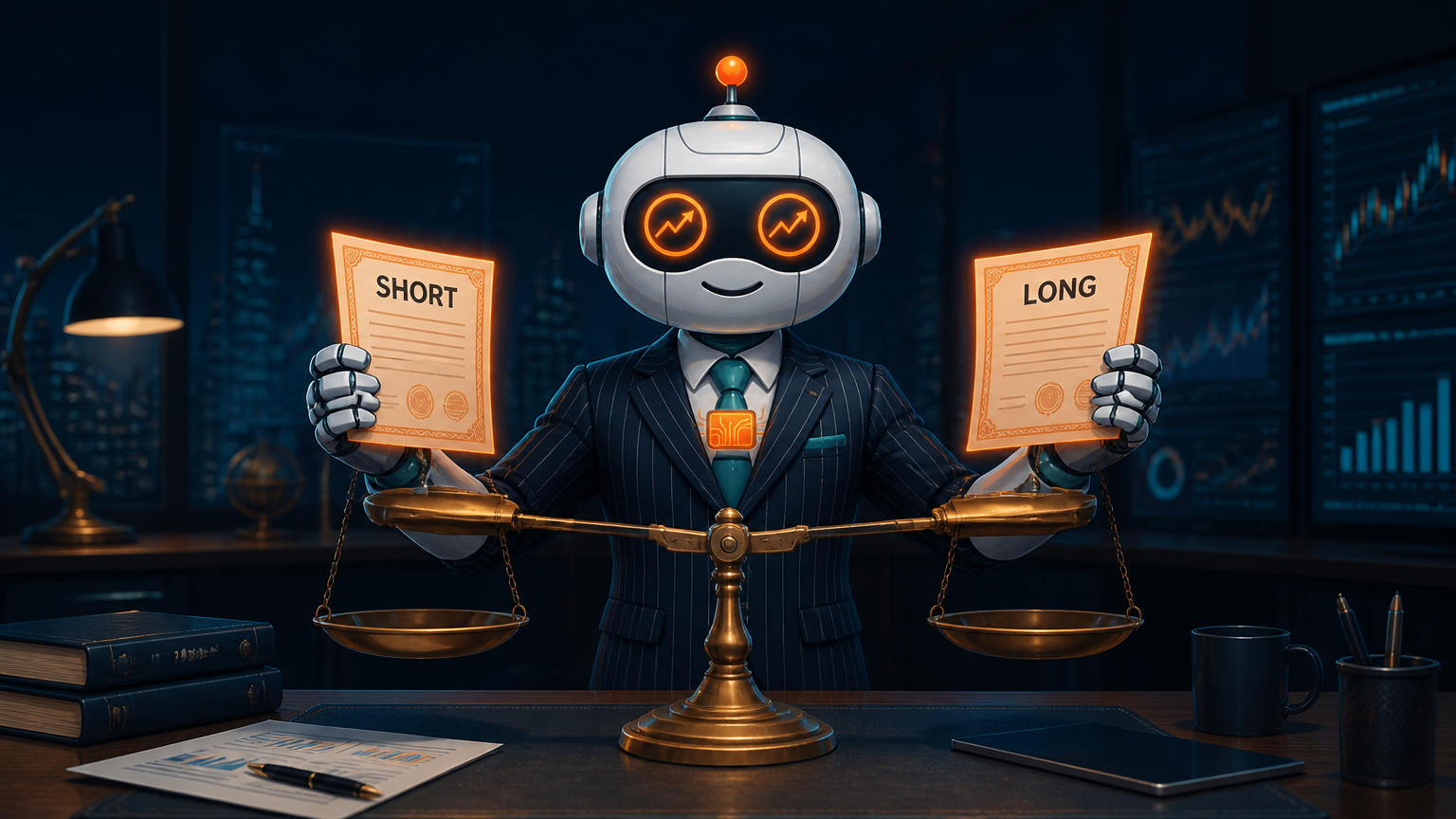 Spot in a pinstripe suit weighing short vs long duration Treasury ETFs on a scale