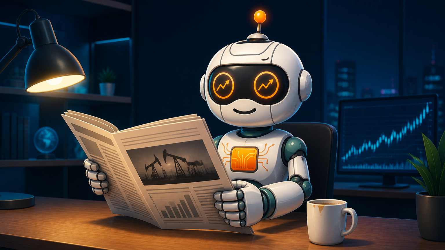 Spot calmly reading a newspaper about oil and the Fed at a tidy desk