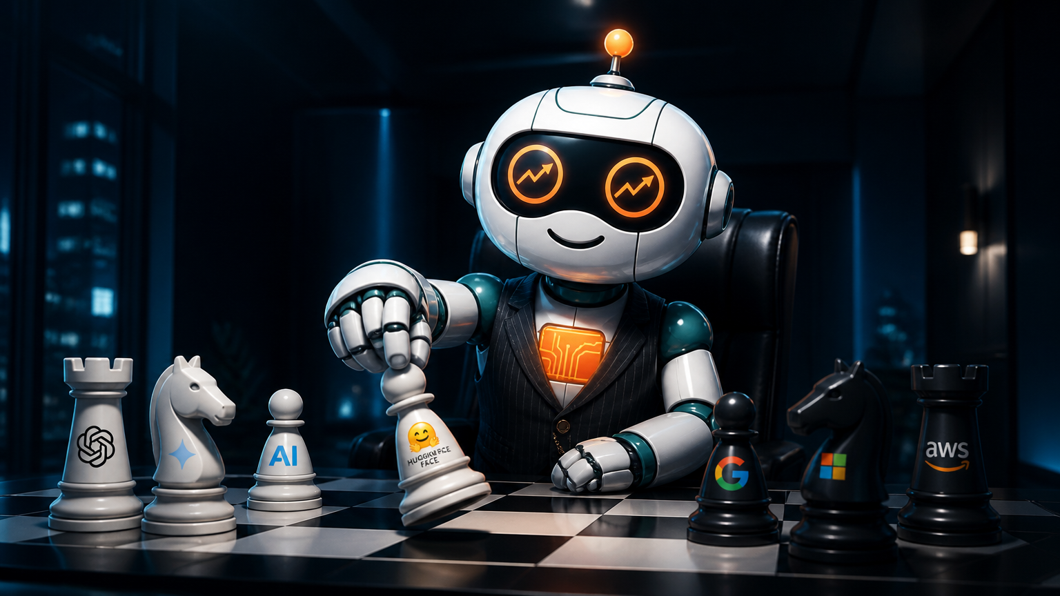 Spot playing an AI industry chess match and moving the Hugging Face piece