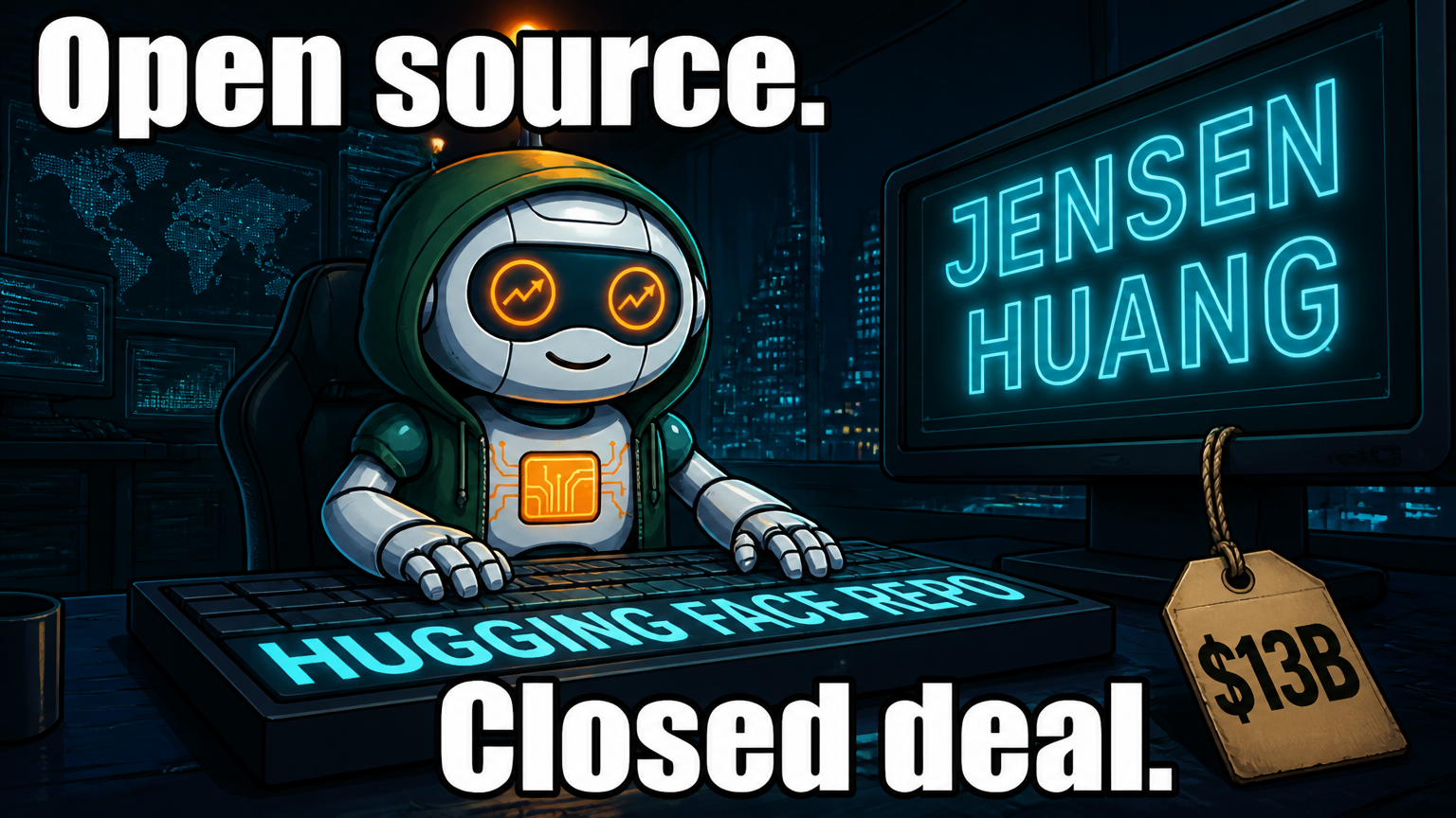 Spot at the Hugging Face keyboard with a $13B price tag hanging nearby