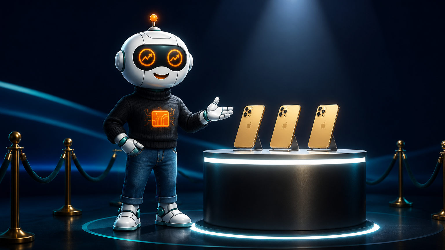 Spot in a black turtleneck at an Apple-style premium product launch with three gold iPhones and a velvet rope