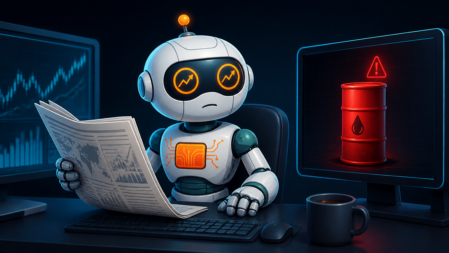 Spot at his desk watching the oil price alert with cautious attention