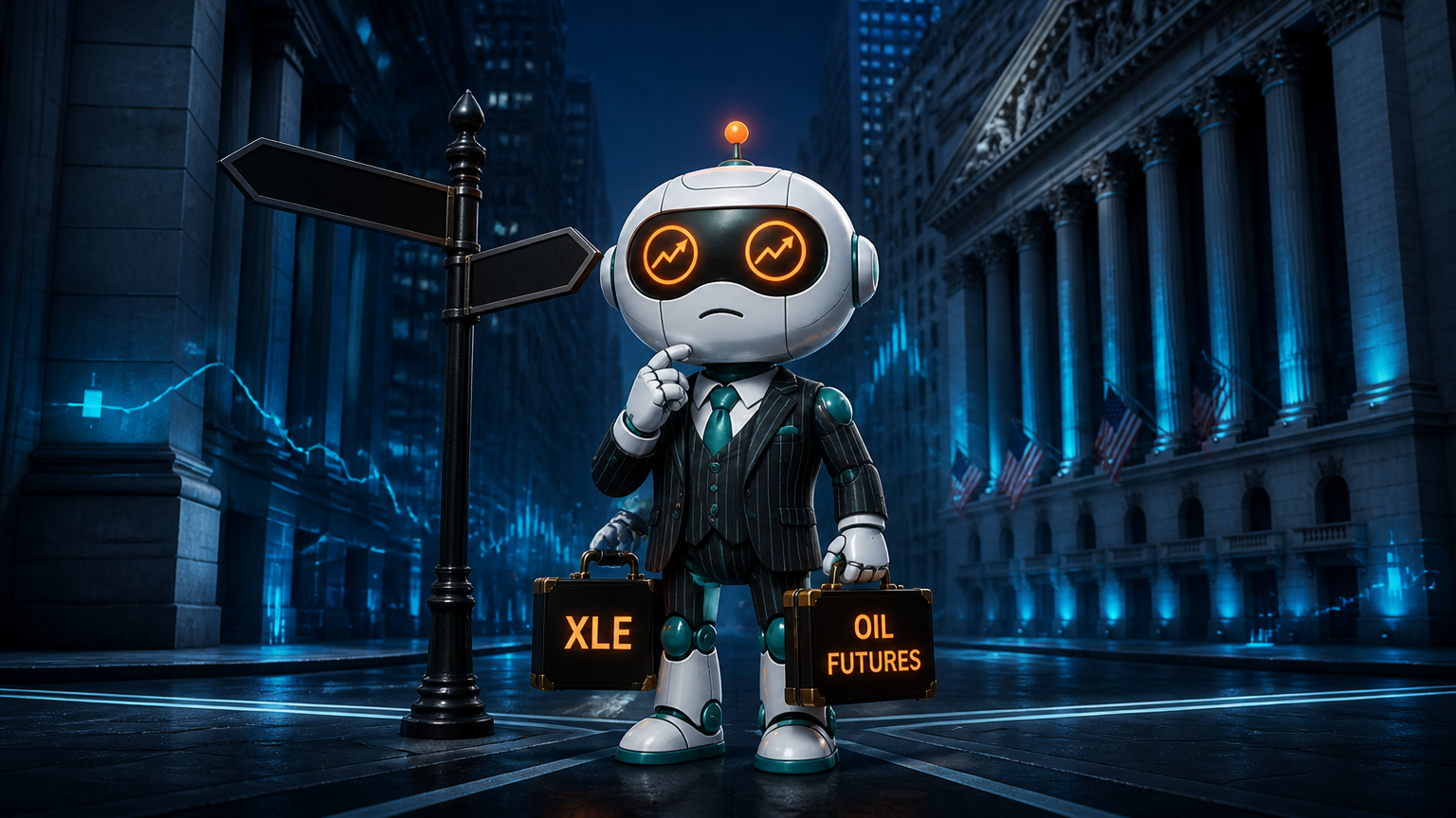 Spot in a pinstripe suit choosing between XLE and oil futures at a crossroads